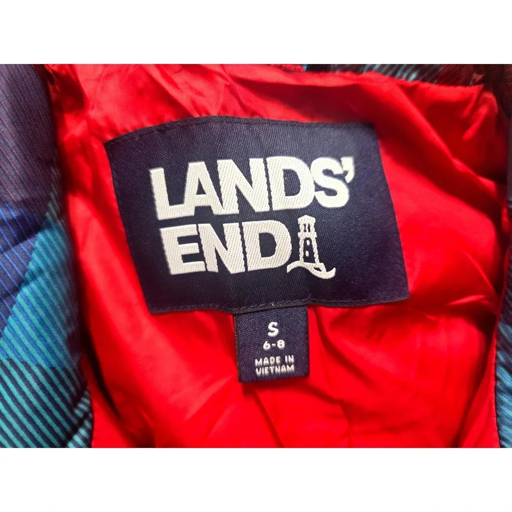 Lands End Womens Down Fill Puffer‎ Vest Rainbow Plaid Jacket Full Zip Size S